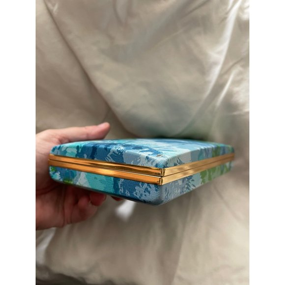 Antique/Vintage Blue/Green Floral Hard Jewelry Earring Case - Picture 5 of 10